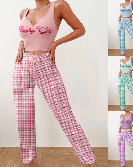 Spring Summer Women's Casual Pajamas Home Wear Vest Color Matching Plaid Trousers Letter Print Top Ladies 2 Pcs Home Clothes Sleepwear