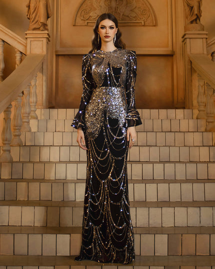 Long Sleeve Round Neck Slim-fit Sheath Sequined Banquet Fishtail Evening Dress