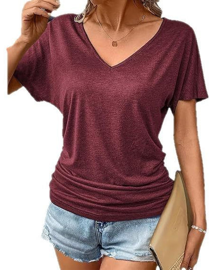 Women's V-neck Solid Color Loose T-shirt