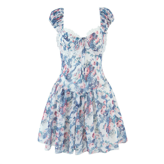 Blue Flower Three-dimensional Steel Ring Lotus Leaf Edge Decoration Mini Dress