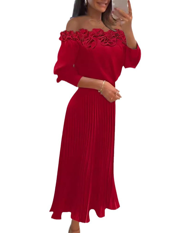 Three-dimensional Pleated Off-shoulder Pleated Dress