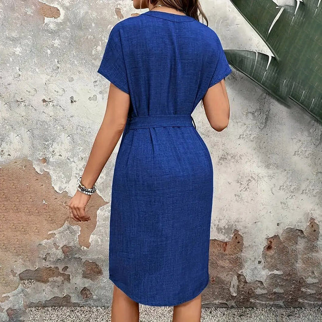 Women's Elegant V Neck Short Sleeve High Waist Summer Casual Dress With Belt