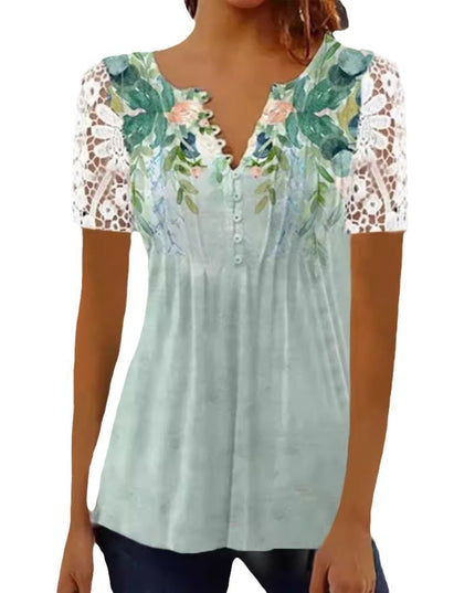 Women's Lace Lace Sleeve Pleated Solid Color Printing Button Short Sleeve