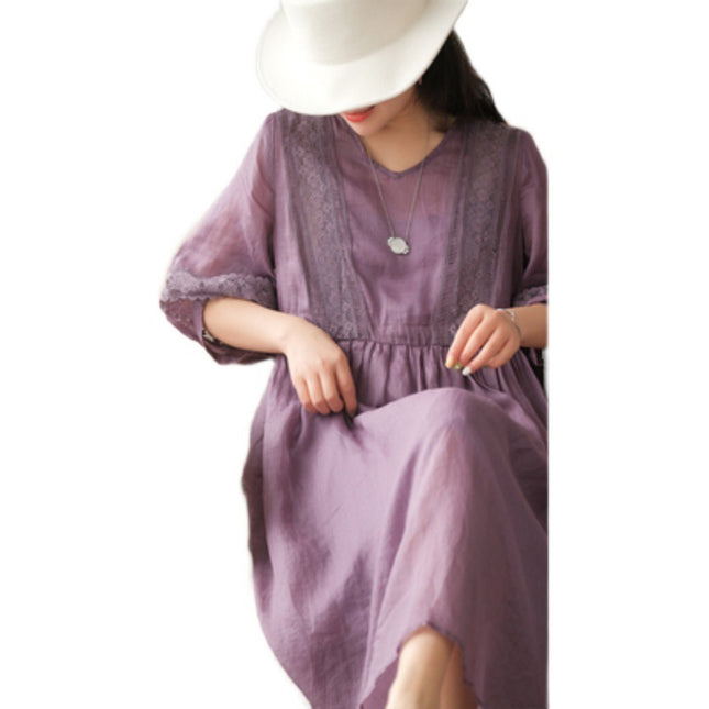 Three-quarter Sleeve Artistic Style Lace-up Dress Long V-neck Comely