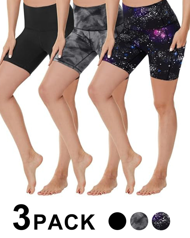 Yoga Pants - Three Points High Waist, 3 Pairs Of Black, Black Tie-dye, Blue Purple Starry Sky
