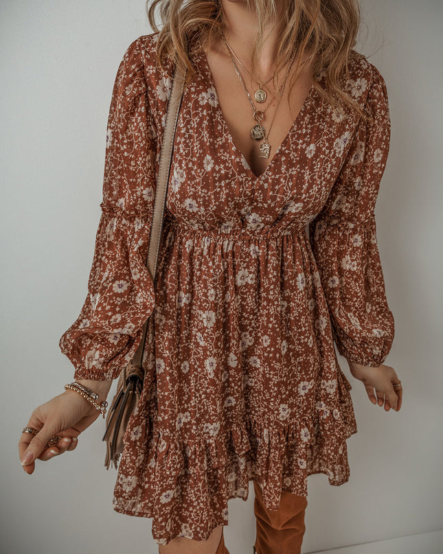 Ashley Boho Floral Puff Sleeve Mini Dress