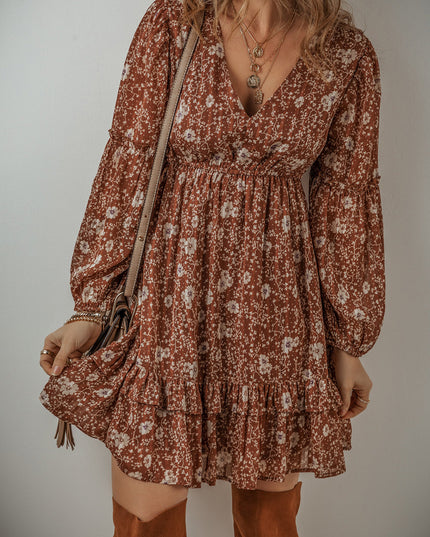 Ashley Boho Floral Puff Sleeve Mini Dress