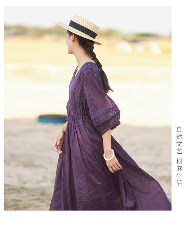 Three-quarter Sleeve Artistic Style Lace-up Dress Long V-neck Comely