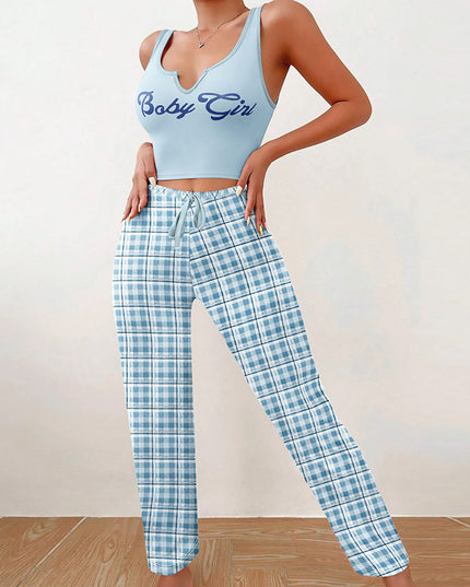 Spring Summer Women's Casual Pajamas Home Wear Vest Color Matching Plaid Trousers Letter Print Top Ladies 2 Pcs Home Clothes Sleepwear