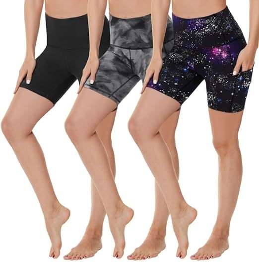 Yoga Pants - Three Points High Waist, 3 Pairs Of Black, Black Tie-dye, Blue Purple Starry Sky