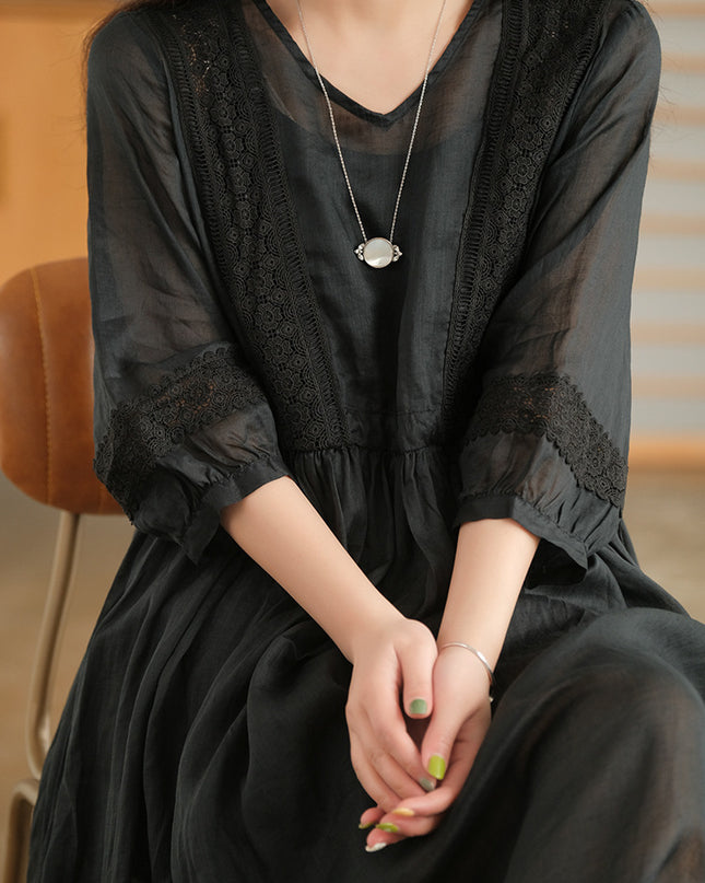 Three-quarter Sleeve Artistic Style Lace-up Dress Long V-neck Comely