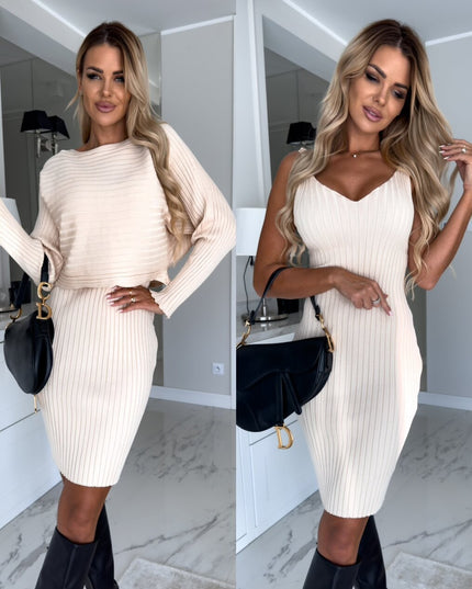 2pcs Suit Women's Solid Stripe Long-sleeved Top And Tight Suspender Skirt Fashion Autumn Winter Slim Clothing