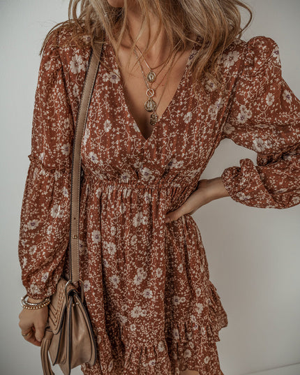 Ashley Boho Floral Puff Sleeve Mini Dress