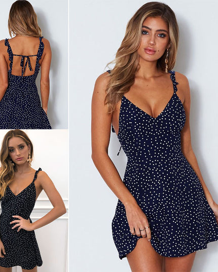 Polka-dot Strappy Dress Women Summer Fashion Beach Sundress
