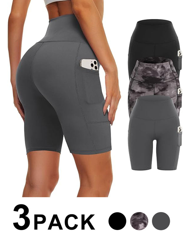 Yoga Pants - Three Points High Waist Polyester Double Grind 3 Black Black Tie-dye Dark Gray