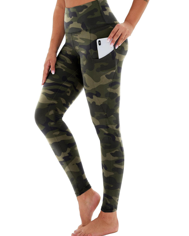 Yoga Pants - Cropped High-waisted Slanted Pockets Polyester Double Grinding Army Green Camouflage